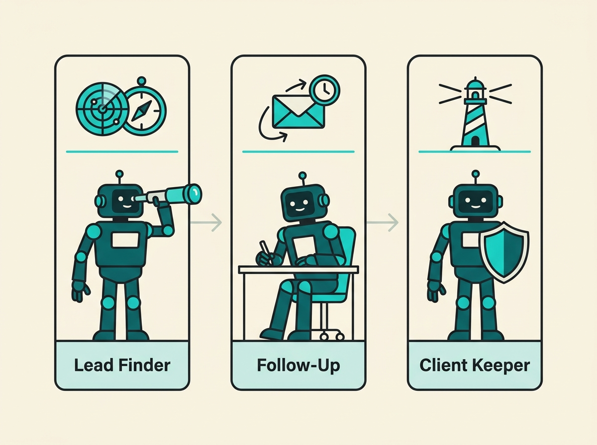 Three AI agents covering top, middle, and bottom of the sales funnel: a lead finder, a follow-up writer, and a client success monitor