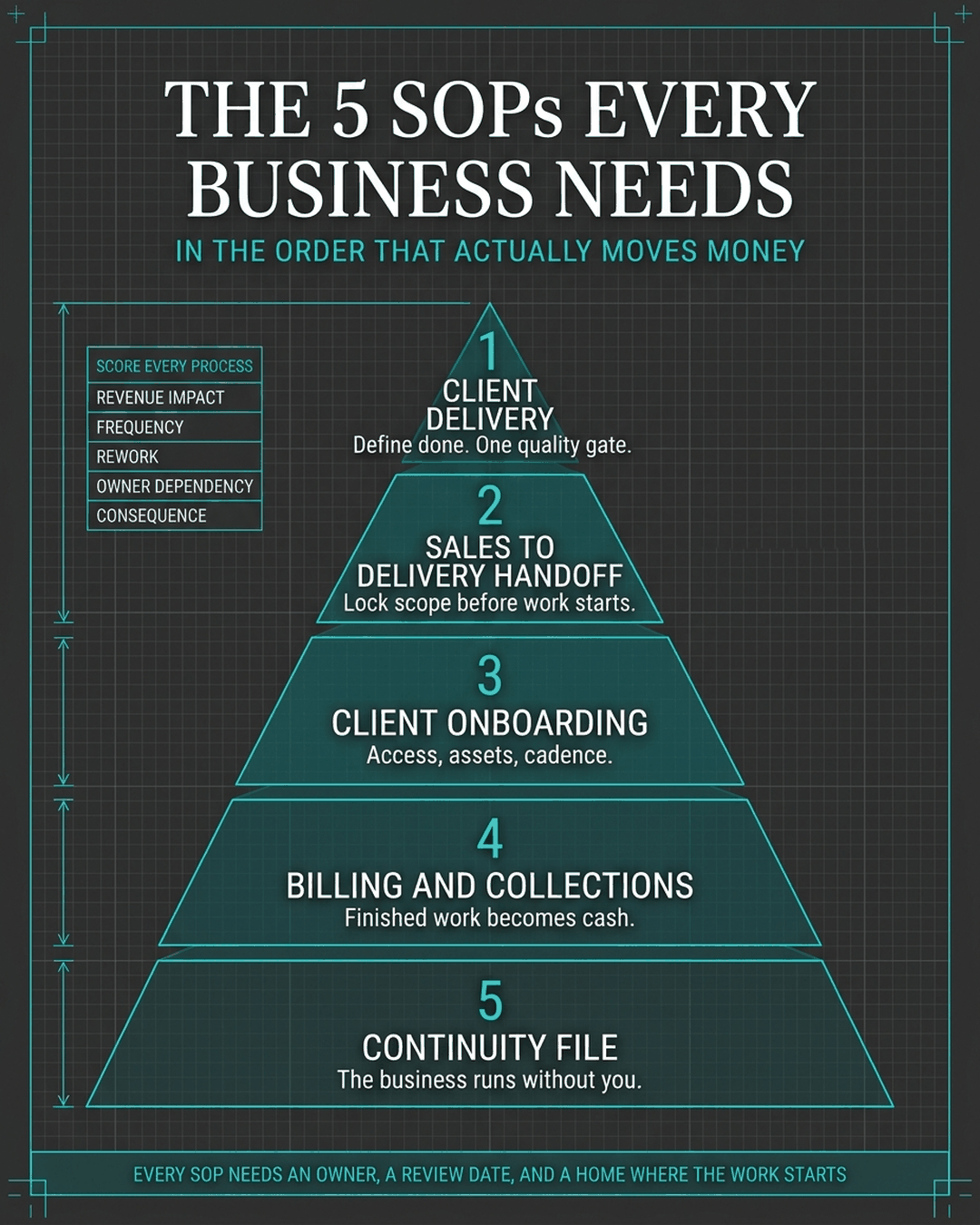 The five SOPs every business needs, in priority order: 1 Client Delivery defines done and the quality gate, 2 Sales to Delivery Handoff locks scope before work starts, 3 Client Onboarding collects access and sets the cadence, 4 Billing and Collections converts finished work into cash, 5 Continuity File keeps the business running without the owner. Each is scored on revenue impact, frequency, rework, owner dependency, and consequence, and every SOP needs a named owner, a review date, and a home inside the tool where the work starts The five SOPs every business needs, in priority order: 1 Client Delivery defines done and the quality gate, 2 Sales to Delivery Handoff locks scope before work starts, 3 Client Onboarding collects access and sets the cadence, 4 Billing and Collections converts finished work into cash, 5 Continuity File keeps the business running without the owner. Each is scored on revenue impact, frequency, rework, owner dependency, and consequence, and every SOP needs a named owner, a review date, and a home inside the tool where the work starts