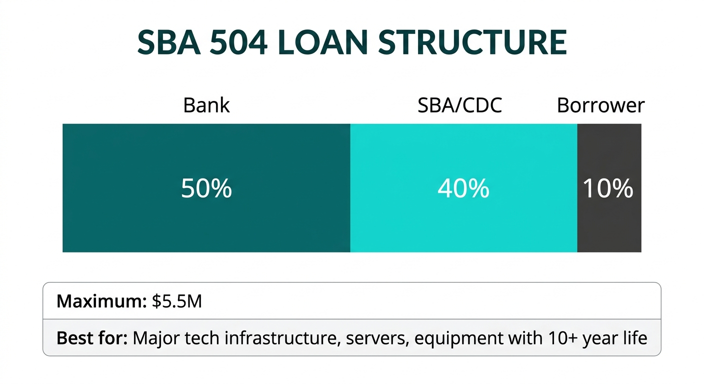 Infographic: SBA 504 loan structure showing the three-way split between bank (50%), CDC/SBA (40%), and borrower (10%), with qualifying and non-qualifying technology investments listed side by side Infographic: SBA 504 loan structure showing the three-way split between bank (50%), CDC/SBA (40%), and borrower (10%), with qualifying and non-qualifying technology investments listed side by side