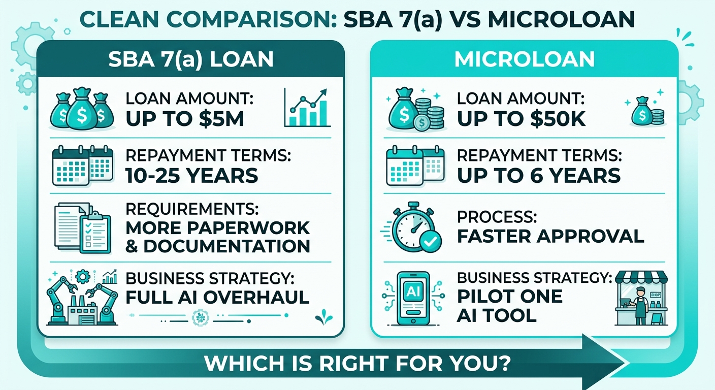 Infographic: Decision flowchart for choosing between SBA 7(a) and Microloan based on business revenue, credit score, automation needs, and timeline Infographic: Decision flowchart for choosing between SBA 7(a) and Microloan based on business revenue, credit score, automation needs, and timeline