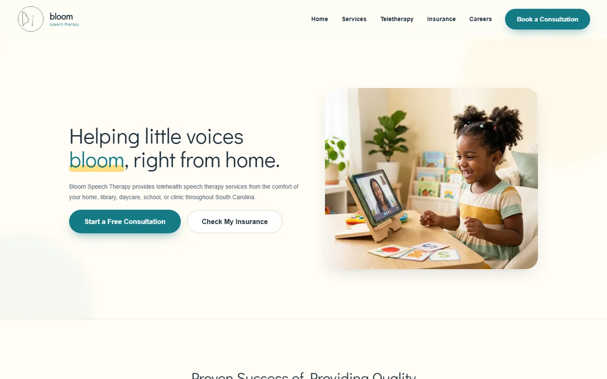 Bloom Speech Therapy homepage