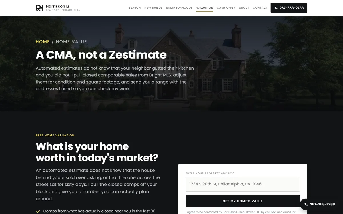 Harrisson Li home valuation landing page