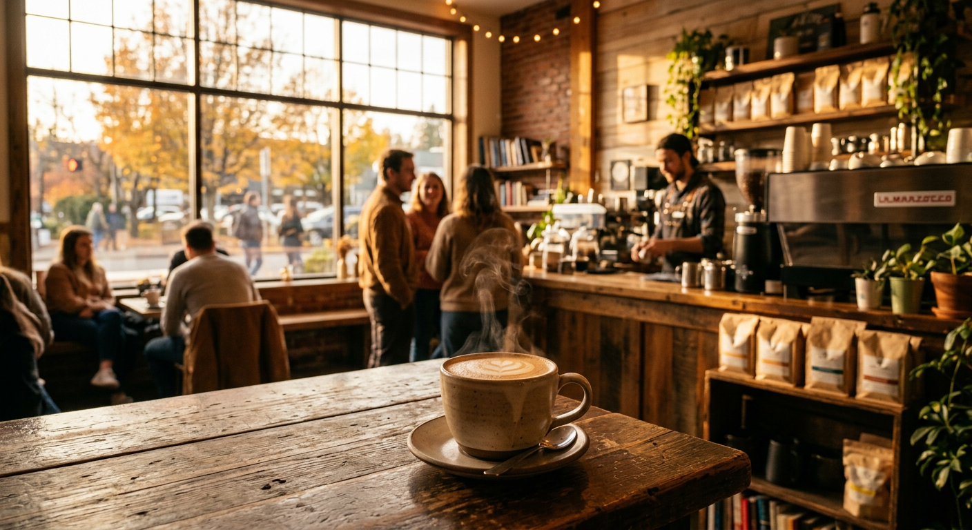 Photorealistic AI image of a coffee shop using detailed prompt