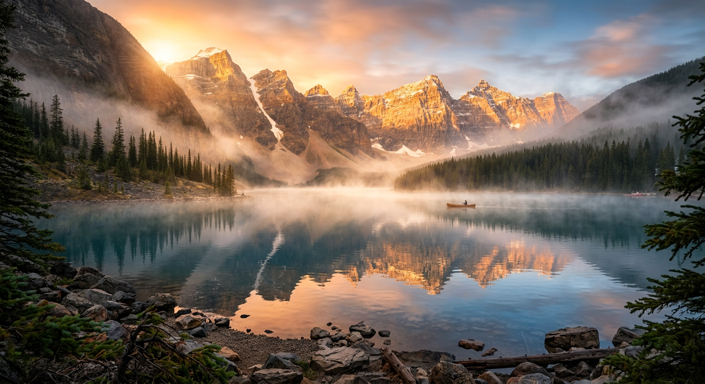 Photorealistic AI landscape with detailed lighting, camera and film stock